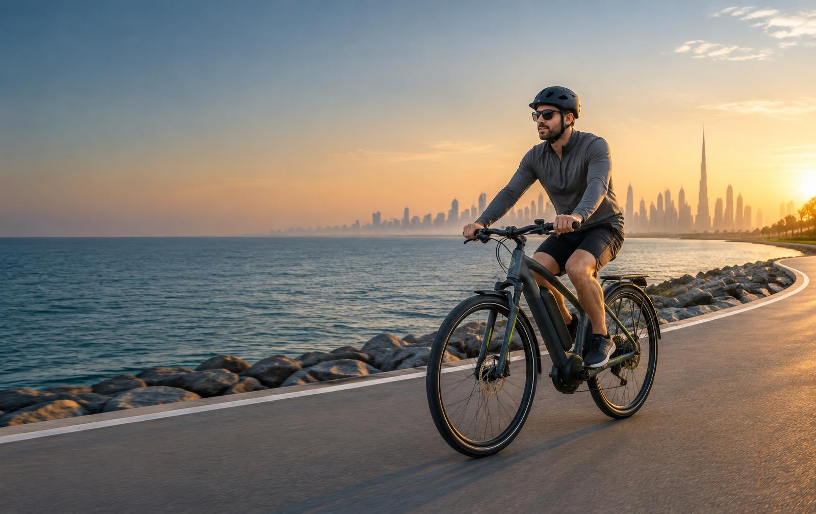 Rider on an electric commuter bike along a coastal cycle path